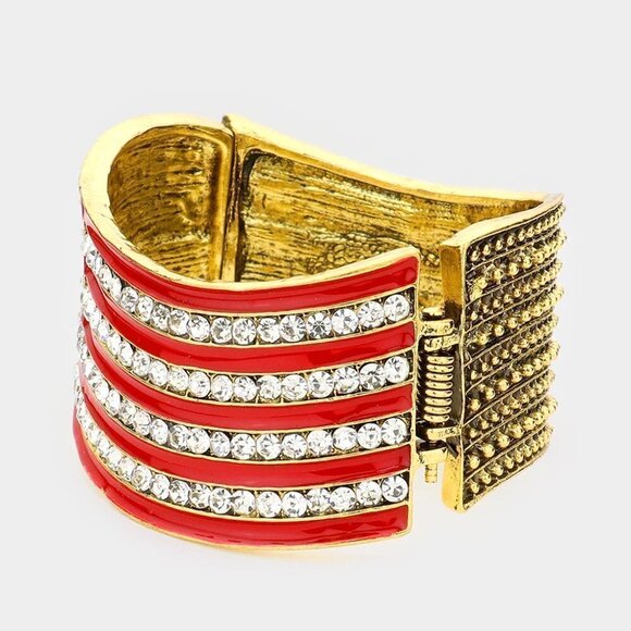 Stars and Strips Flag Gold Rhinestone Women's Hinged Bangle - Picture 5 of 6